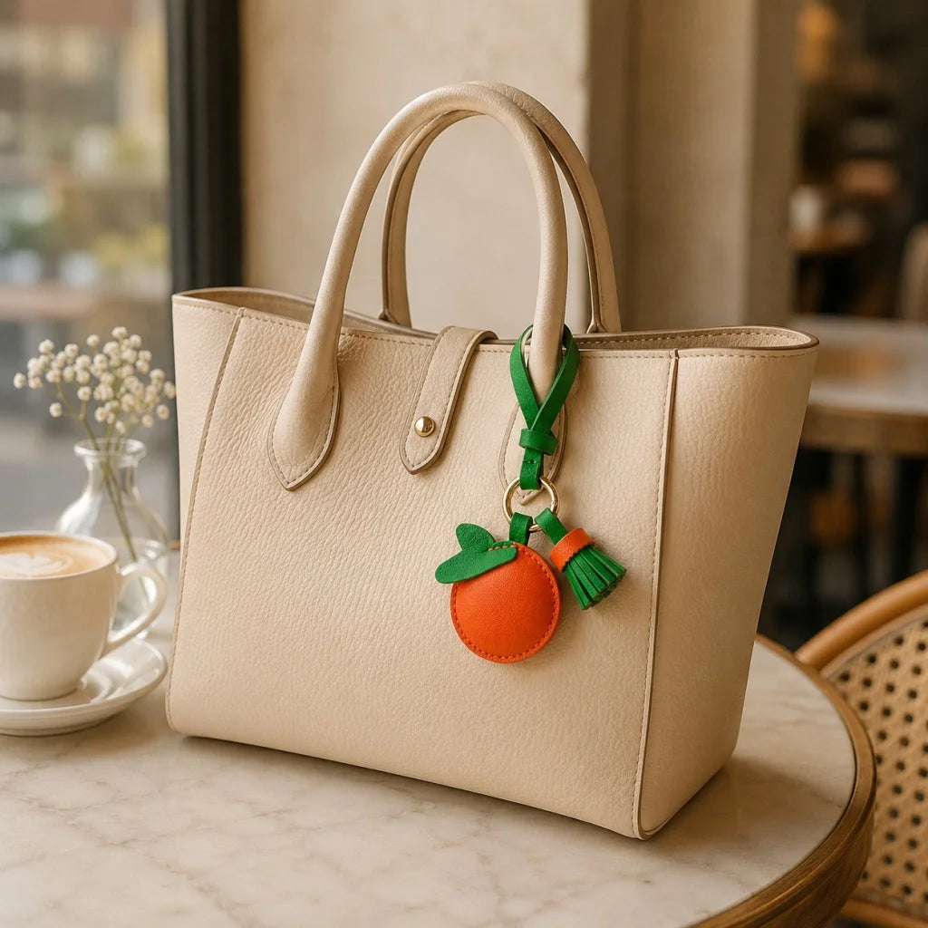 Dije de cuero naranja para bolso – Colgante de fruta de piel de vaca hecho a mano | Bonito llavero de cítricos | Regalo creativo para parejas y mejores amigas