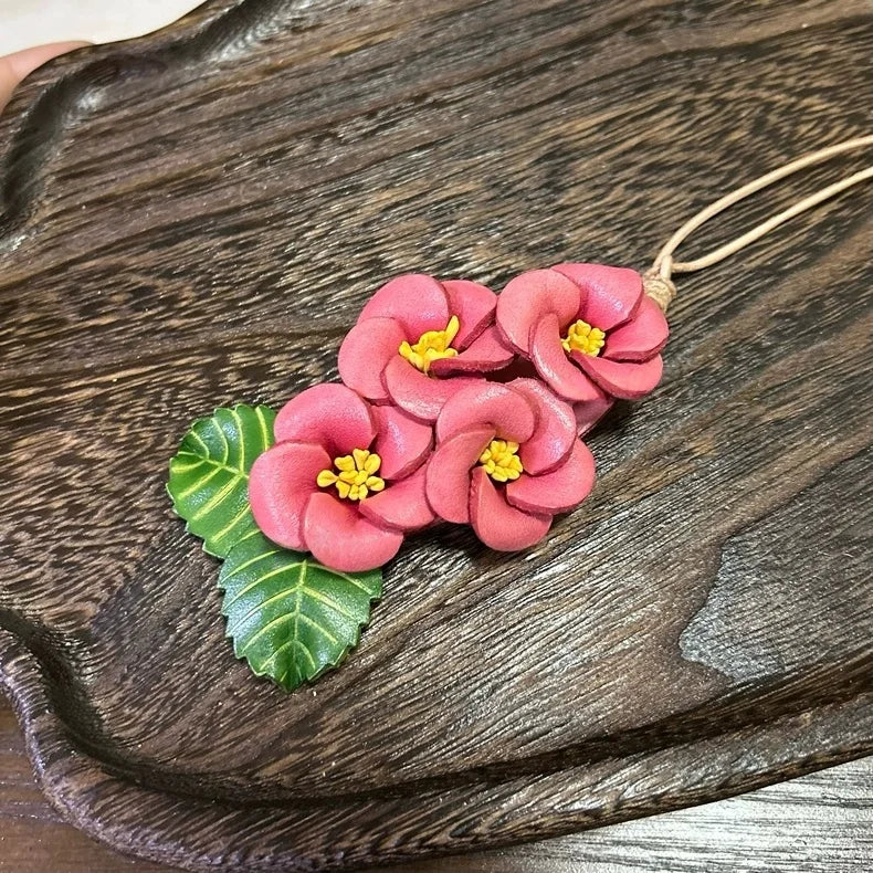 Blooming Peach Blossom Leather Bag Charm – Handmade Multi-Flower Pendant in Full-Grain Leather | Lifelike Floral Accessory with Leaves | Elegant Keychain or Handbag Ornament