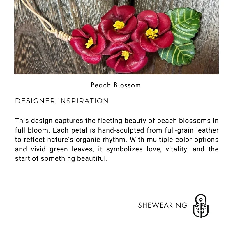 Blooming Peach Blossom Leather Bag Charm – Handmade Multi-Flower Pendant in Full-Grain Leather | Lifelike Floral Accessory with Leaves | Elegant Keychain or Handbag Ornament