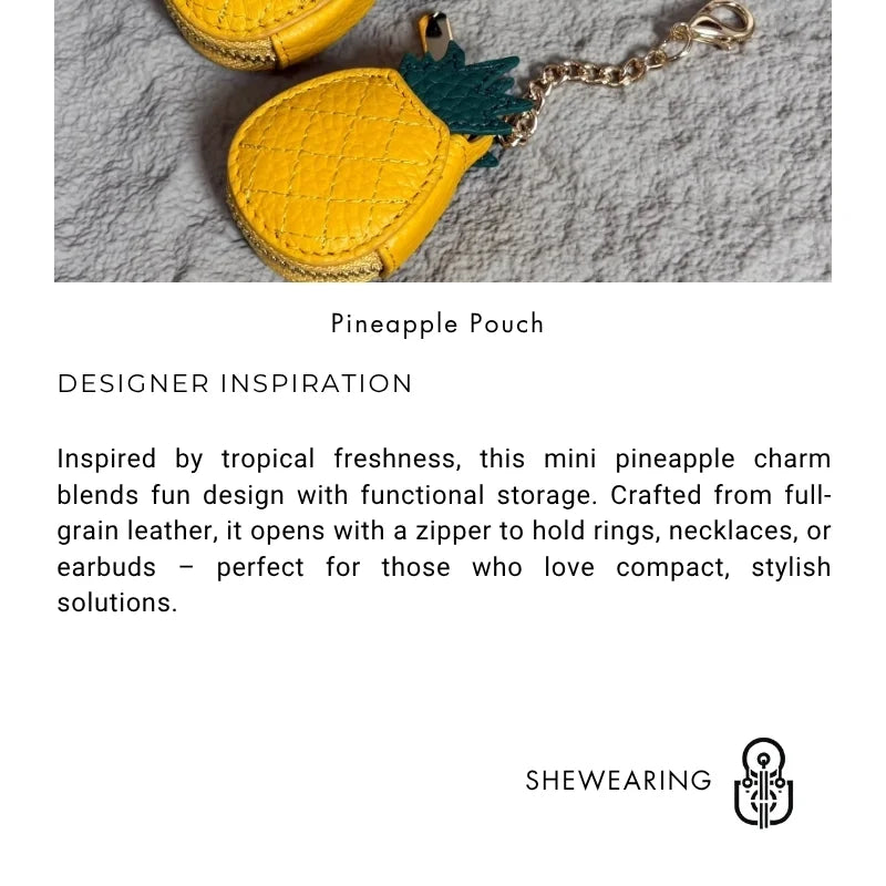 Mini Pineapple Leather Storage Charm – Handmade Full-Grain Leather Thumb Bag | Fruit-Inspired Keychain with Zipper | Ring & Jewelry Organizer for Bags