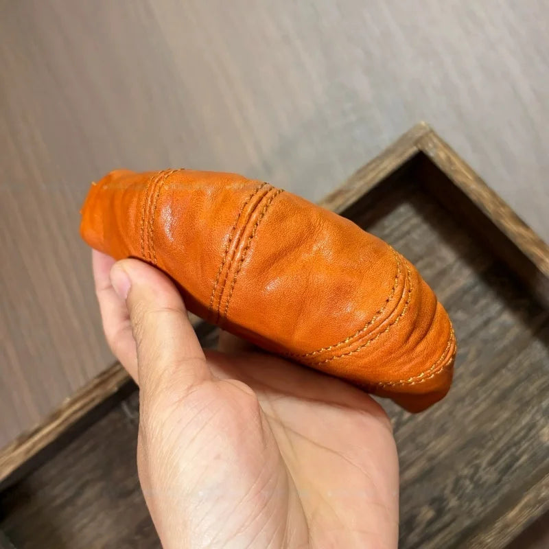 Croissant Leather Pouch Charm – Handmade Full-Grain Leather Mini Organizer | Lipstick & Coin Holder | Creative Vintage Bag Pendant