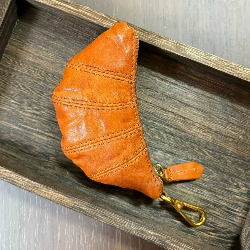 Croissant Leather Pouch Charm – Handmade Full-Grain Leather Mini Organizer | Lipstick & Coin Holder | Creative Vintage Bag Pendant