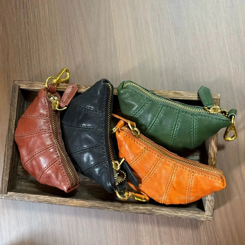 Croissant Leather Pouch Charm – Handmade Full-Grain Leather Mini Organizer | Lipstick & Coin Holder | Creative Vintage Bag Pendant