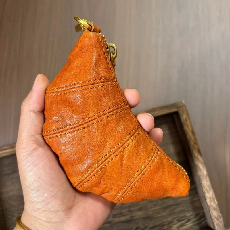 Croissant Leather Pouch Charm – Handmade Full-Grain Leather Mini Organizer | Lipstick & Coin Holder | Creative Vintage Bag Pendant