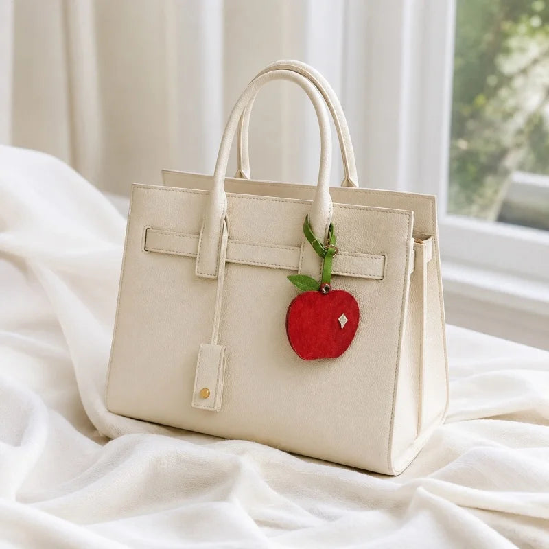 Dije de espejo de cuero con temática de manzana para bolso – Espejo compacto de cuero flor hecho a mano | Accesorio ideal para bolsos, viajes y retoques diarios