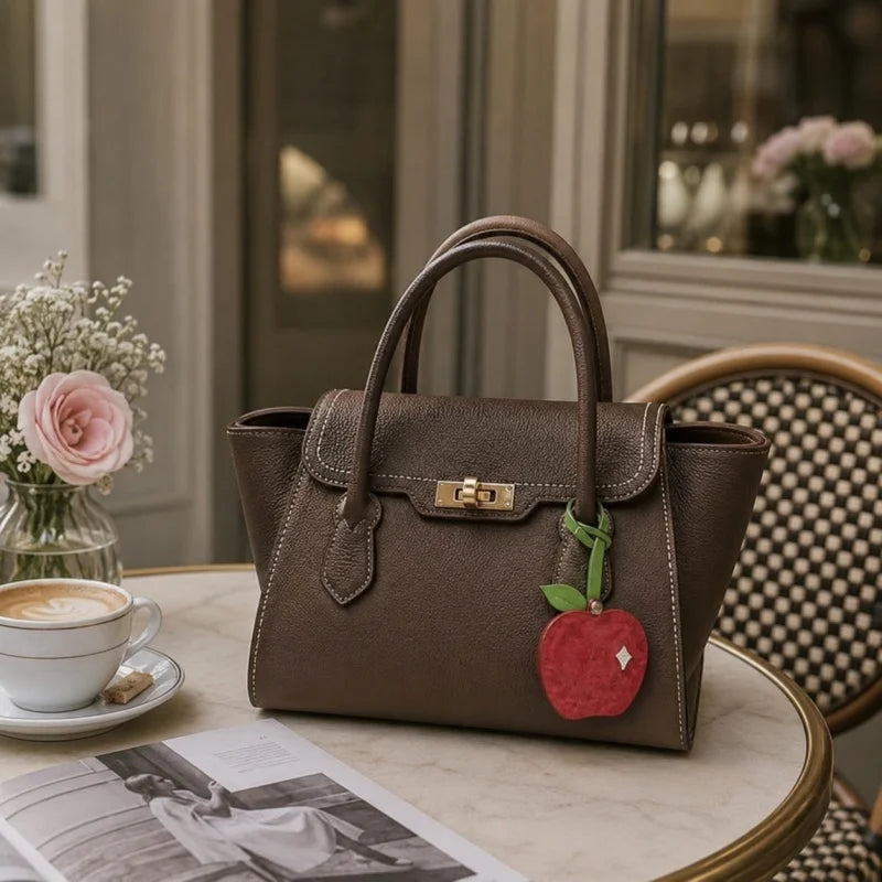 Dije de espejo de cuero con temática de manzana para bolso – Espejo compacto de cuero flor hecho a mano | Accesorio ideal para bolsos, viajes y retoques diarios
