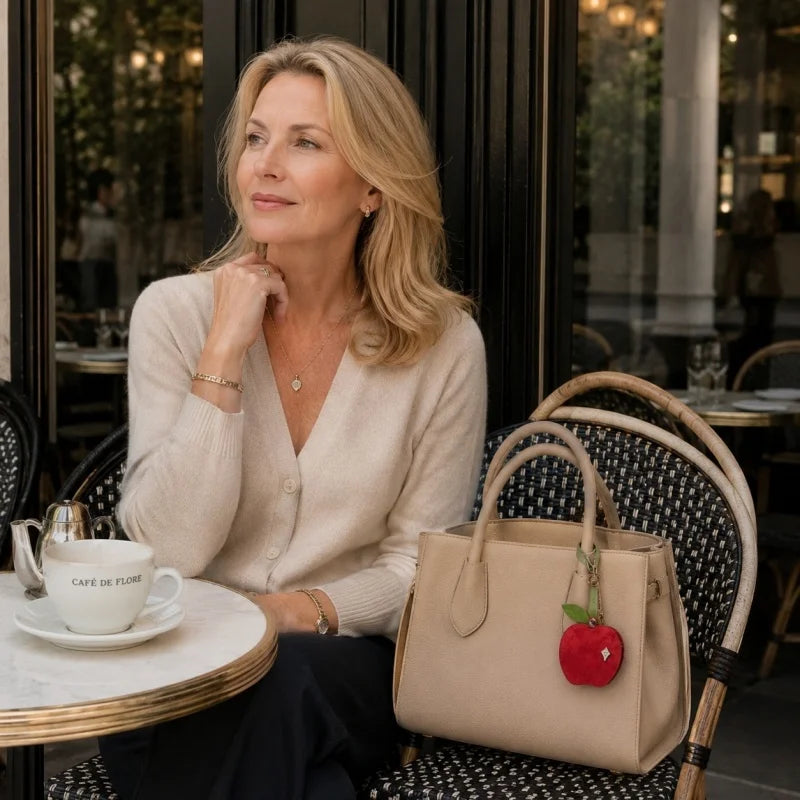 Dije de espejo de cuero con temática de manzana para bolso – Espejo compacto de cuero flor hecho a mano | Accesorio ideal para bolsos, viajes y retoques diarios