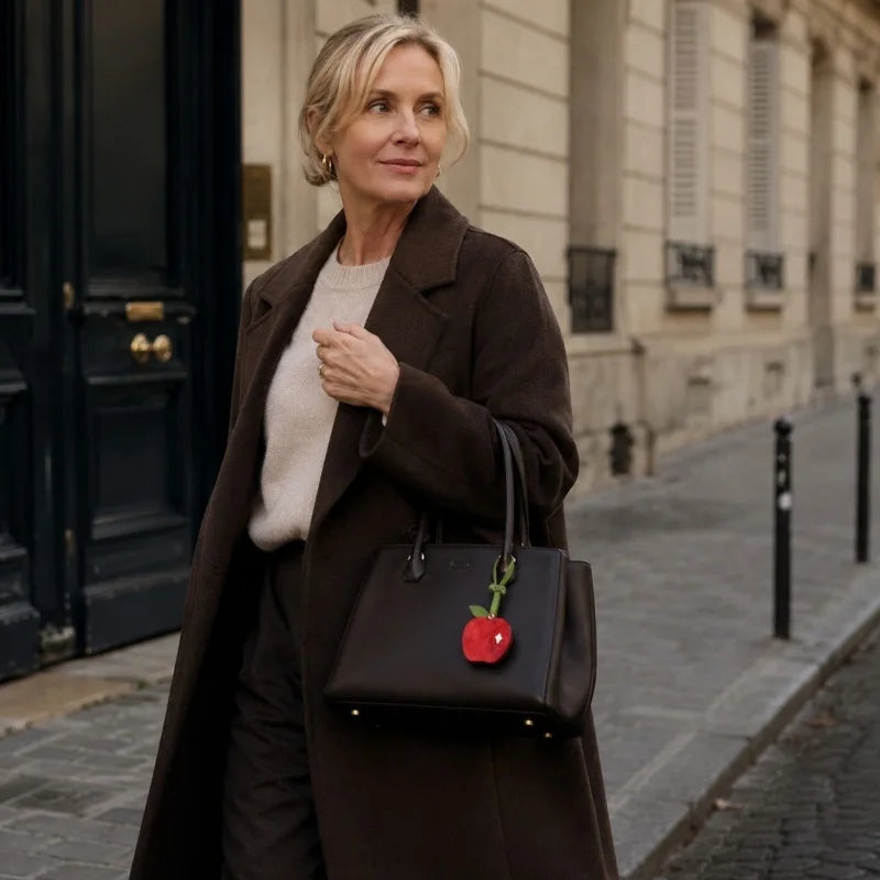 Dije de espejo de cuero con temática de manzana para bolso – Espejo compacto de cuero flor hecho a mano | Accesorio ideal para bolsos, viajes y retoques diarios