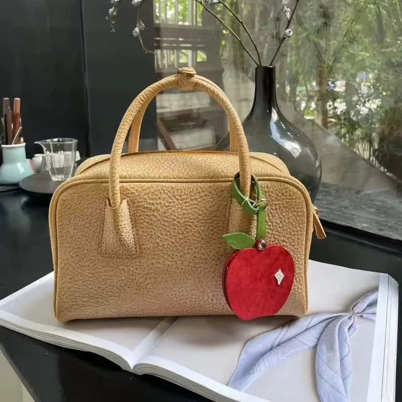 Apple-Themed Leather Mirror Bag Charm – Handmade Full-Grain Leather Compact Mirror | Cute Accessory for Handbags, Travel & Everyday Touch-Ups