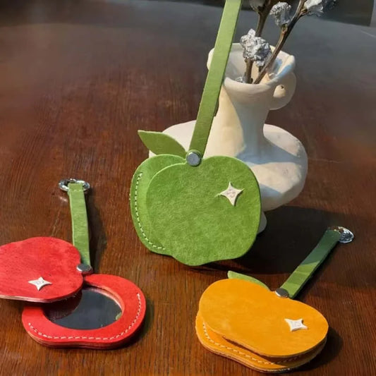 Apple-Themed Leather Mirror Bag Charm – Handmade Full-Grain Leather Compact Mirror | Cute Accessory for Handbags, Travel & Everyday Touch-Ups