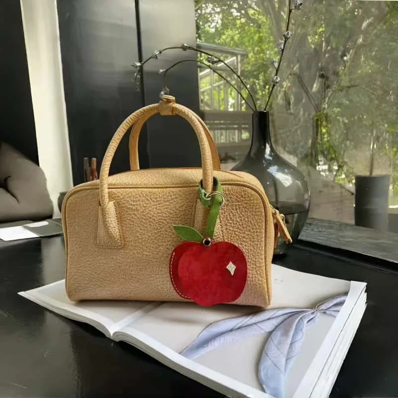 Apple-Themed Leather Mirror Bag Charm – Handmade Full-Grain Leather Compact Mirror | Cute Accessory for Handbags, Travel & Everyday Touch-Ups