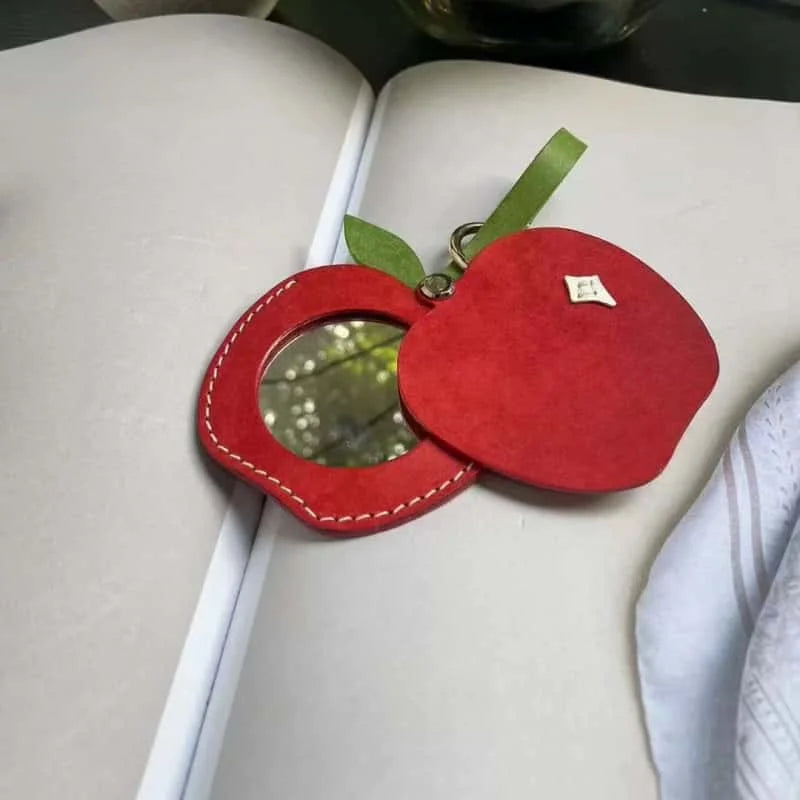 Apple-Themed Leather Mirror Bag Charm – Handmade Full-Grain Leather Compact Mirror | Cute Accessory for Handbags, Travel & Everyday Touch-Ups