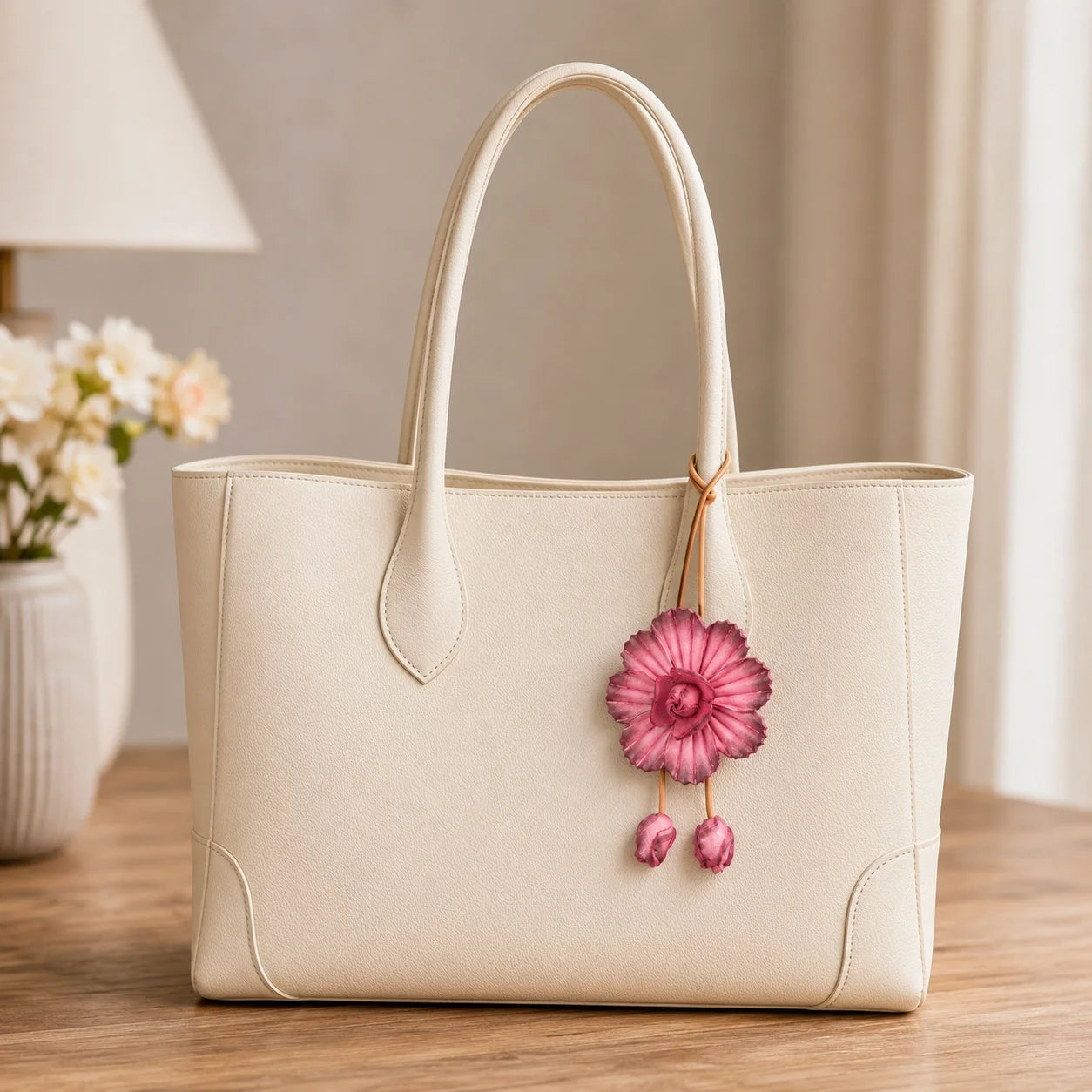 Vintage Camellia Genuine Leather Bag Charm Handbag Accessory | Elegant Gift for Her