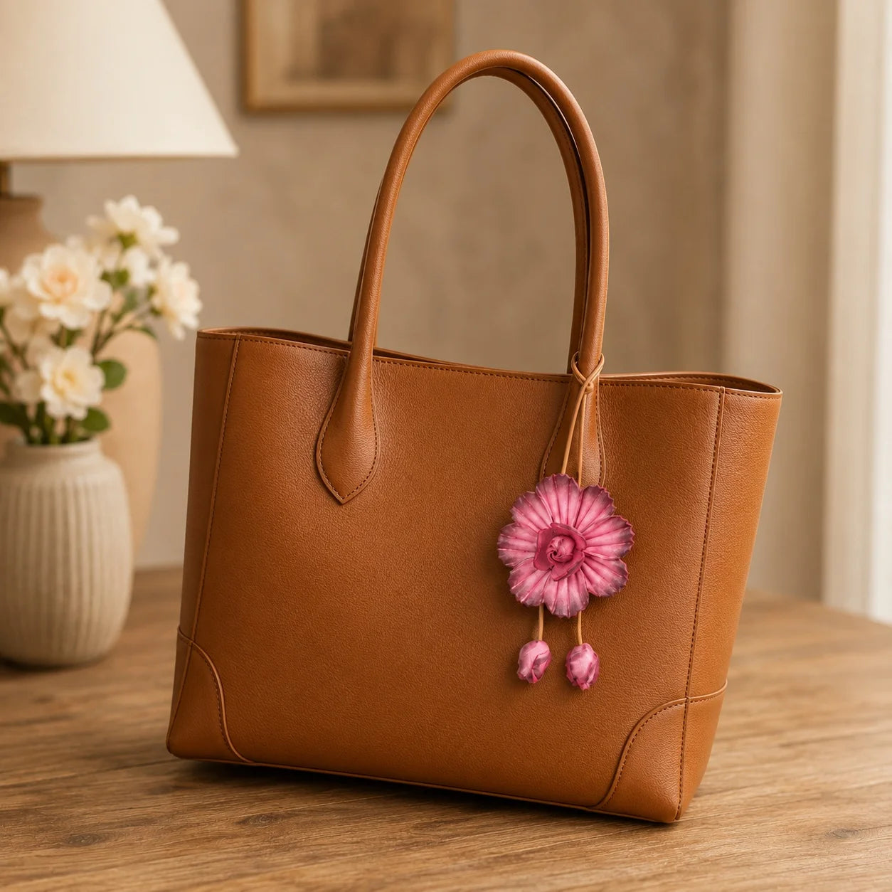 Vintage Camellia Genuine Leather Bag Charm Handbag Accessory | Elegant Gift for Her