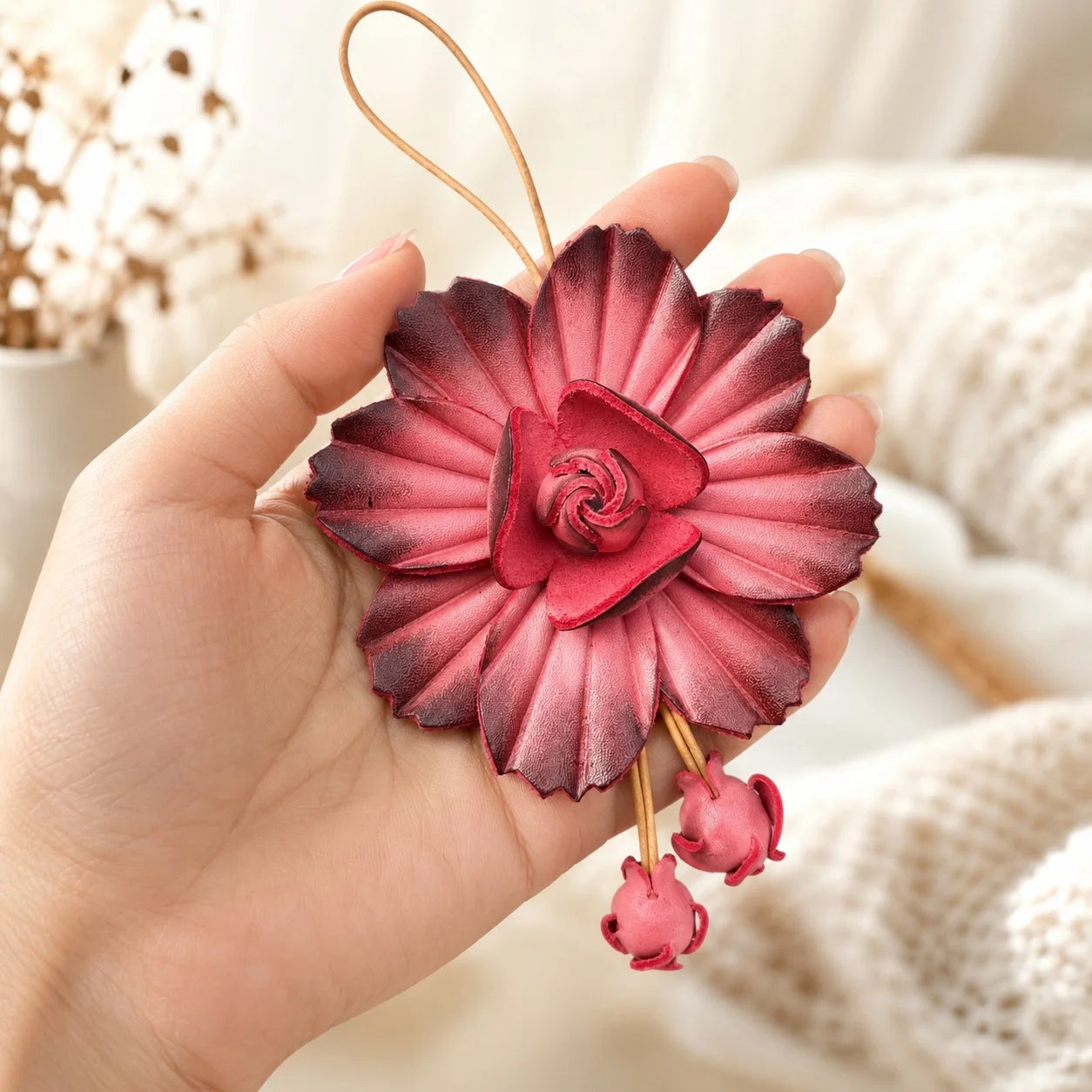 Vintage Camellia Genuine Leather Bag Charm Handbag Accessory | Elegant Gift for Her
