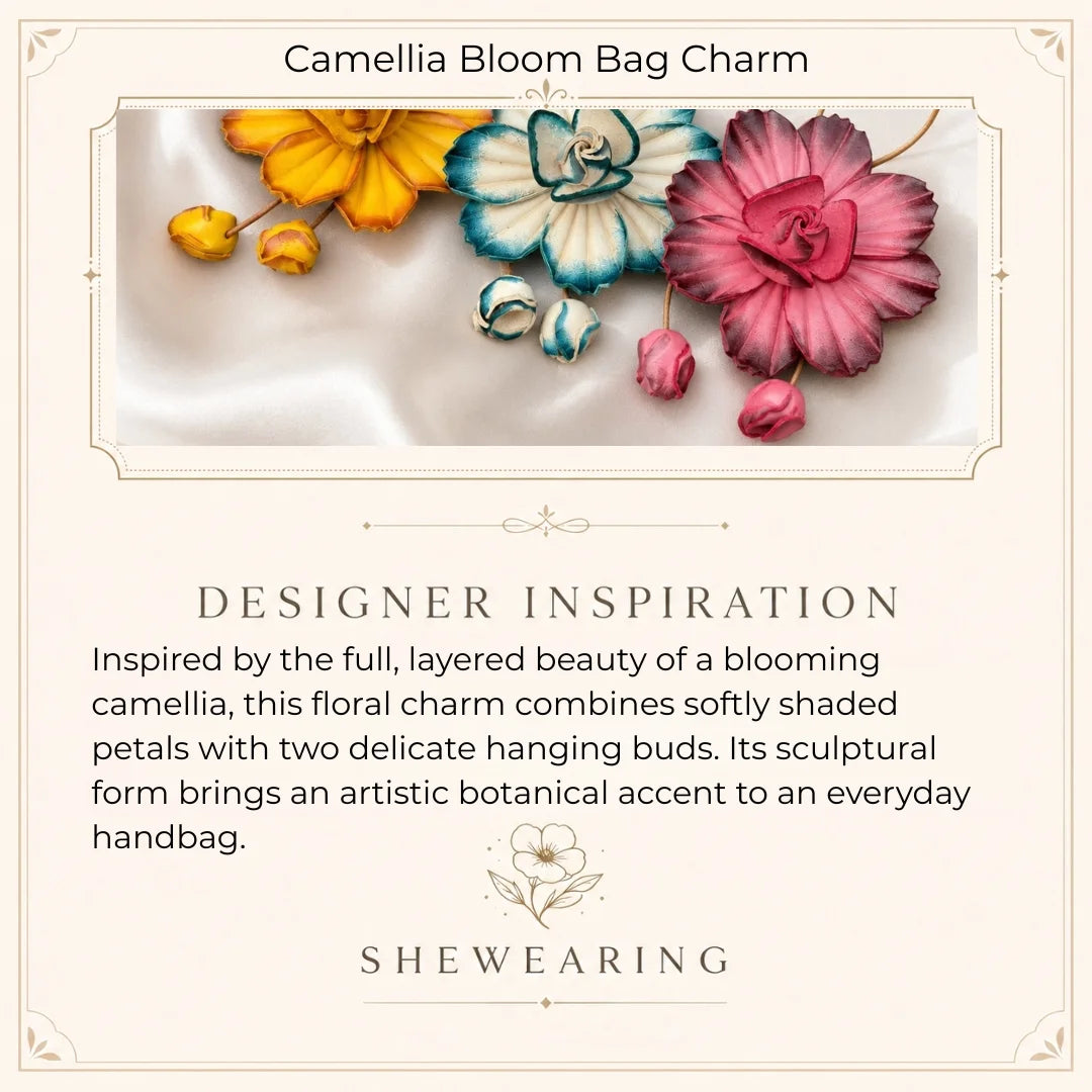 Vintage Camellia Genuine Leather Bag Charm Handbag Accessory | Elegant Gift for Her