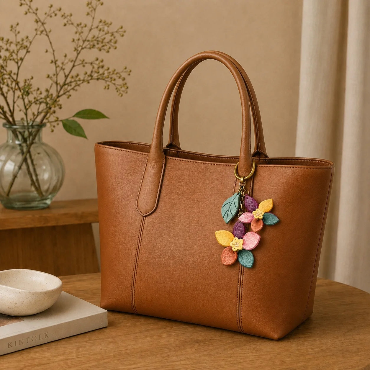 Colorful Double Floral Leather Bag Charm Handbag Accessory | Elegant Gift for Her