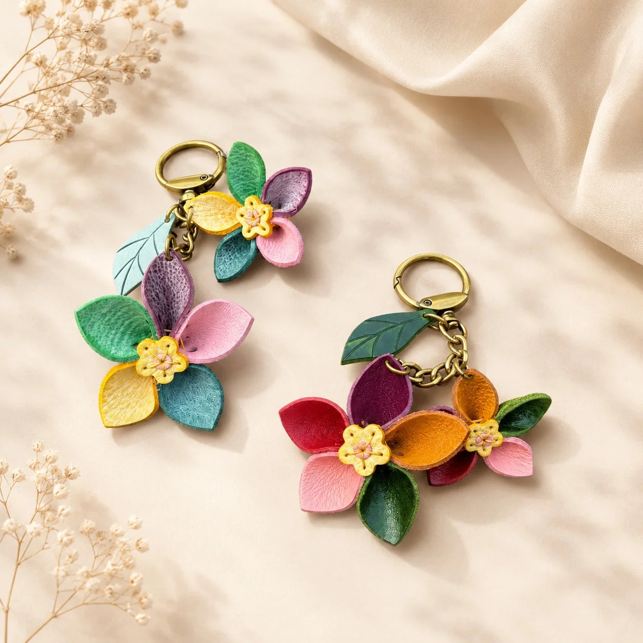 Colorful Double Floral Leather Bag Charm Handbag Accessory | Elegant Gift for Her