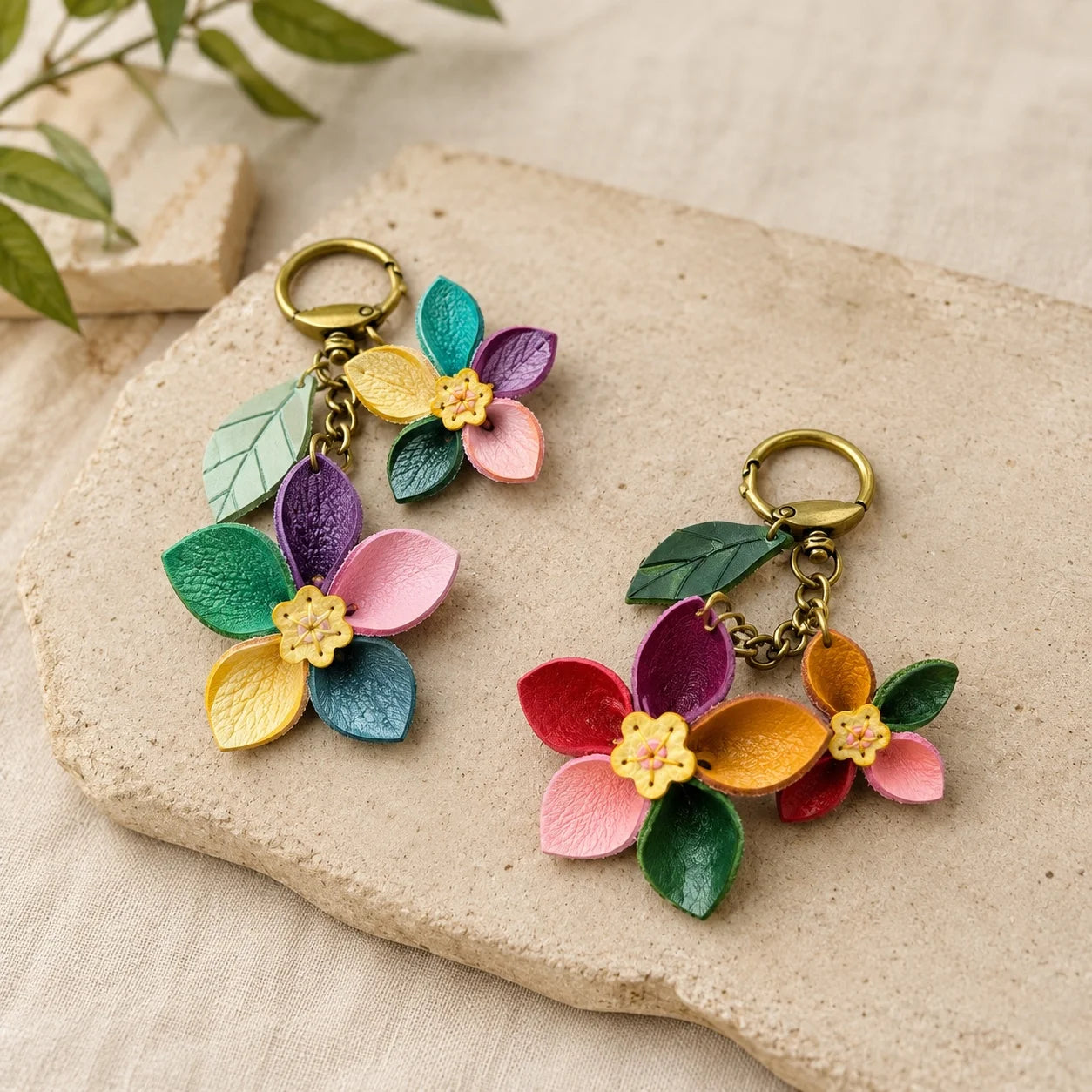 Colorful Double Floral Leather Bag Charm Handbag Accessory | Elegant Gift for Her