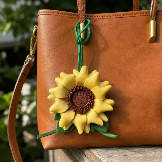 Accesorio de bolso de cuero hecho a mano con girasol | Regalo elegante para ella