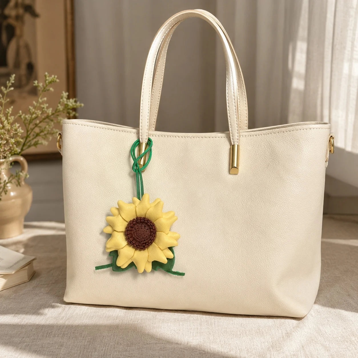 Handmade Leather Sunflower Bag Charm Handbag Accessory | Elegant Gift for Her