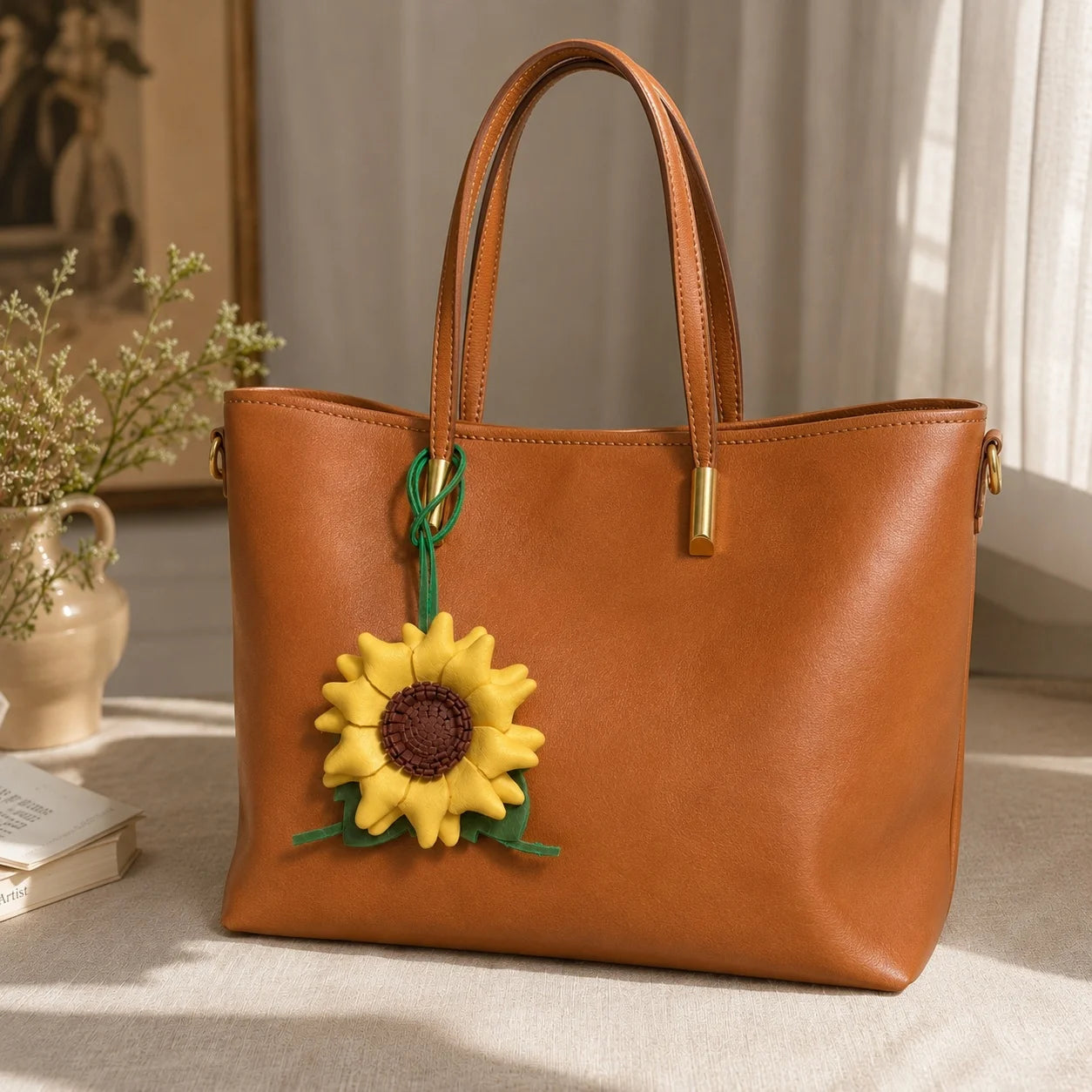 Handmade Leather Sunflower Bag Charm Handbag Accessory | Elegant Gift for Her