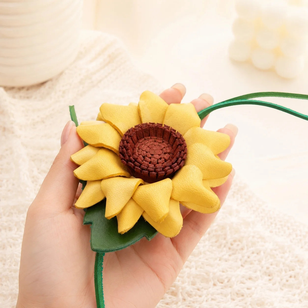 Handmade Leather Sunflower Bag Charm Handbag Accessory | Elegant Gift for Her