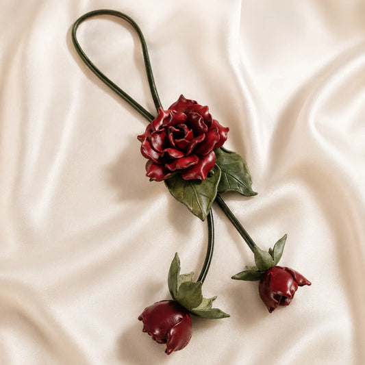 Burgundy Rose Cascade Leather Bag Charm Handmade Floral Handbag Charm Gift for her
