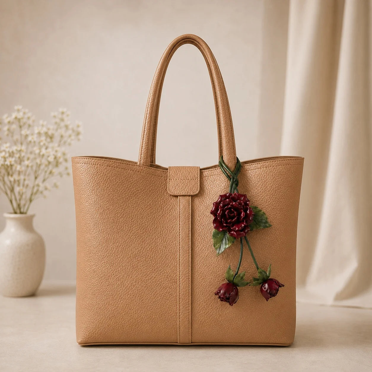 Burgundy Rose Cascade Leather Bag Charm Handmade Floral Handbag Charm Gift for her