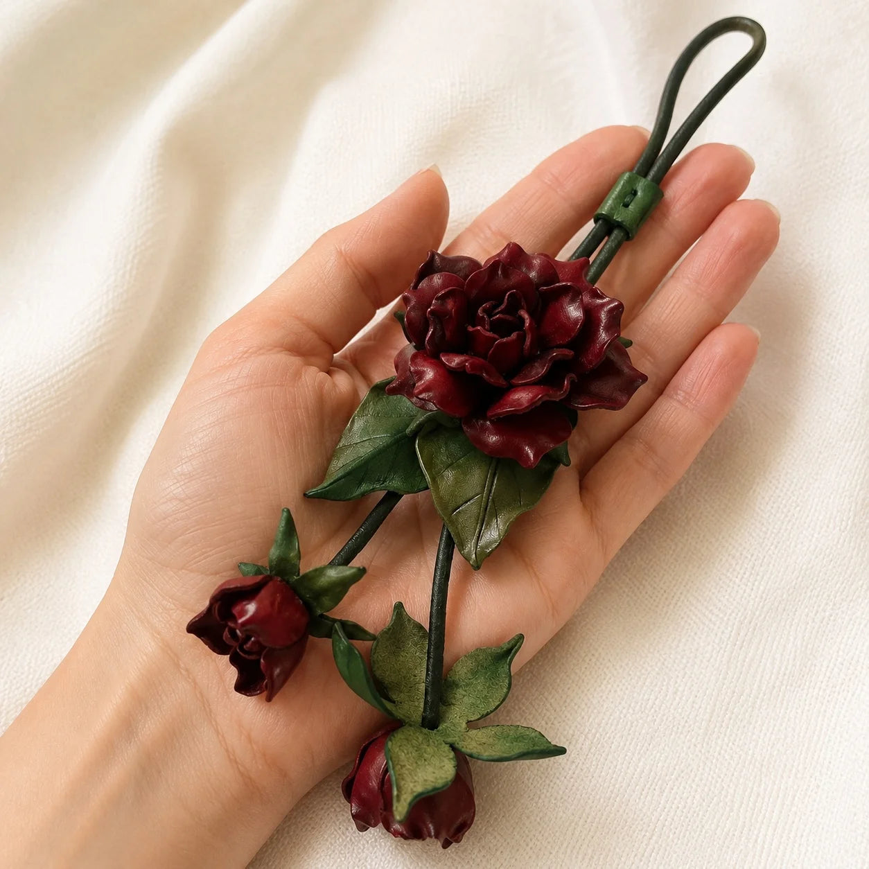 Burgundy Rose Cascade Leather Bag Charm Handmade Floral Handbag Charm Gift for her