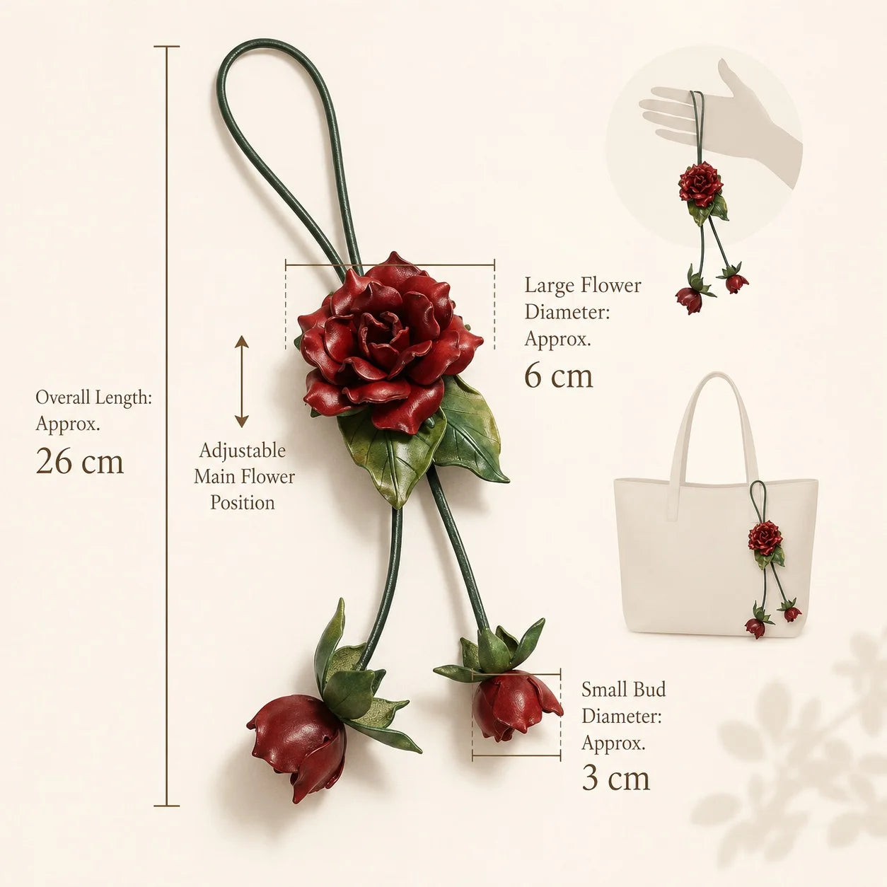 Burgundy Rose Cascade Leather Bag Charm Handmade Floral Handbag Charm Gift for her