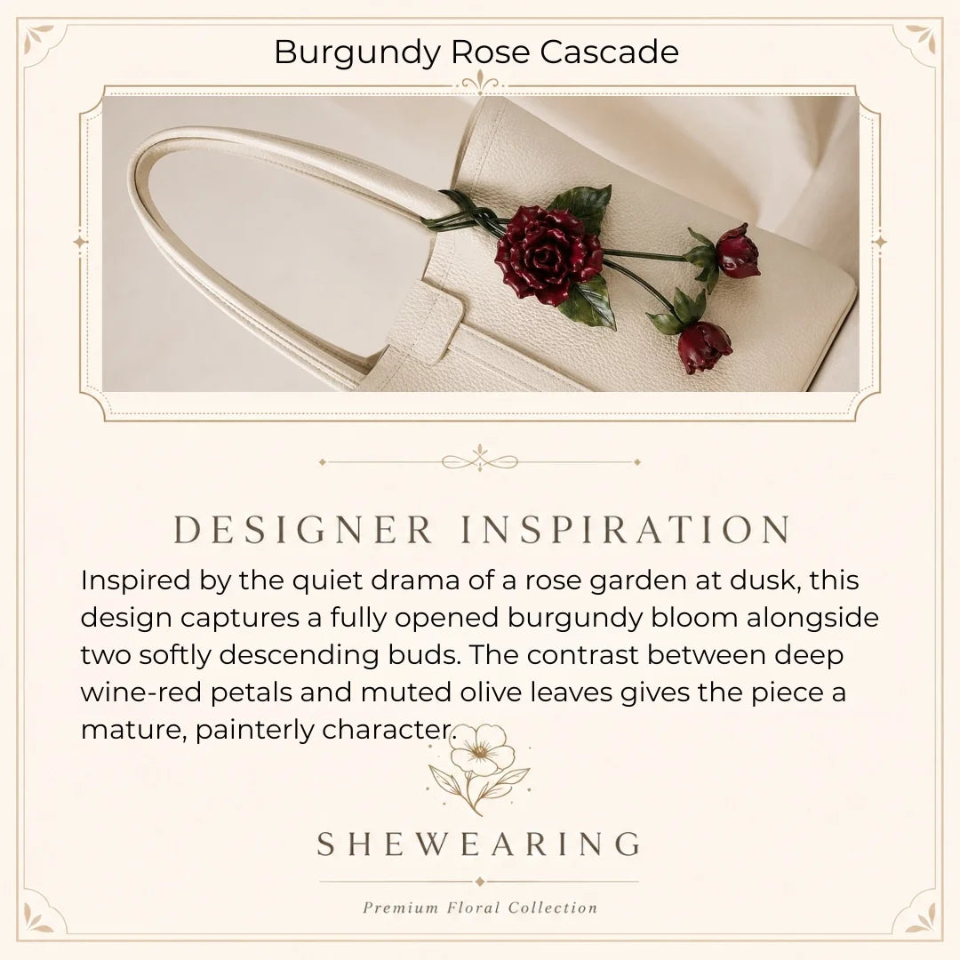 Burgundy Rose Cascade Leather Bag Charm Handmade Floral Handbag Charm Gift for her