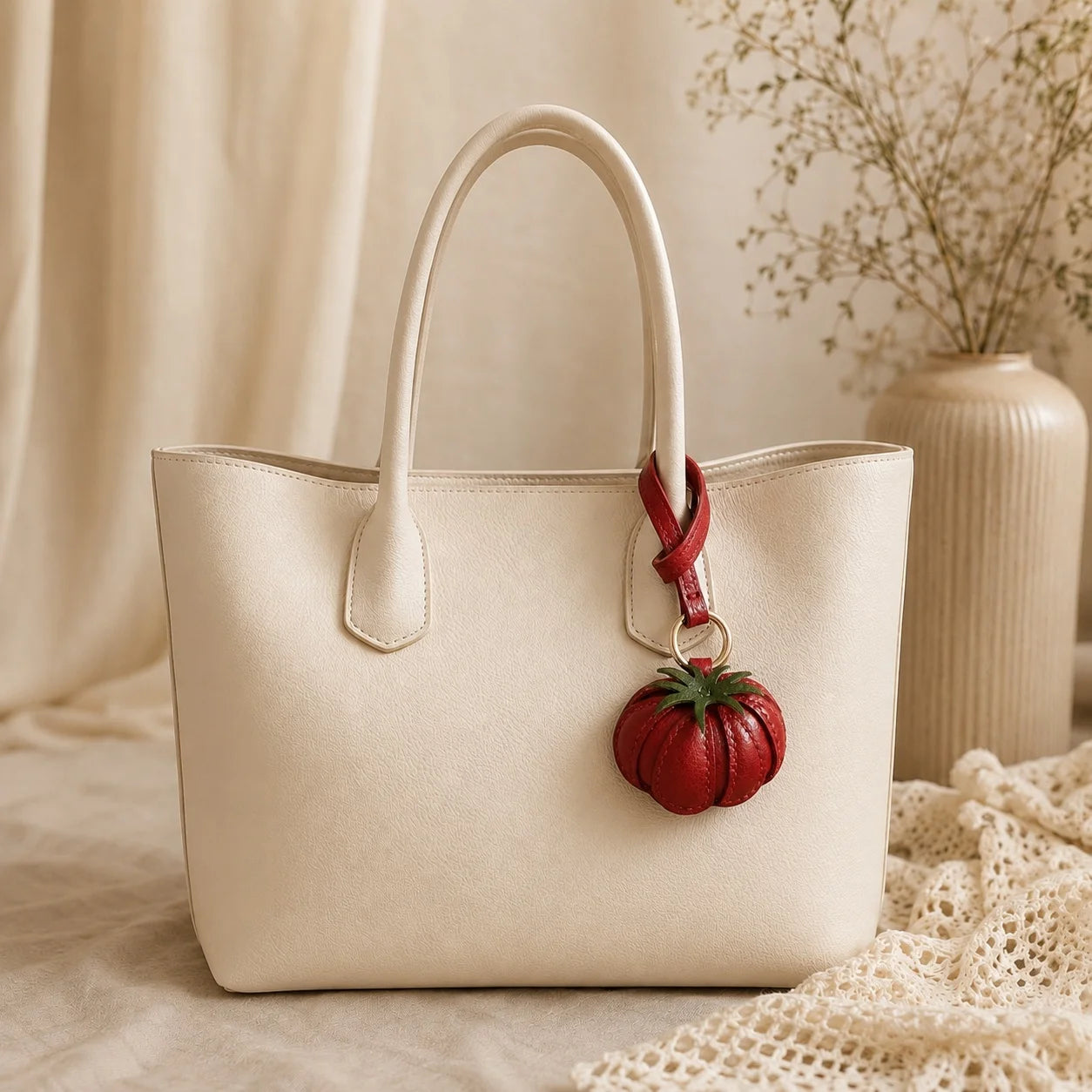 Handmade Red Tomato Leather Bag Charm & Keychain  Handbag Accessory