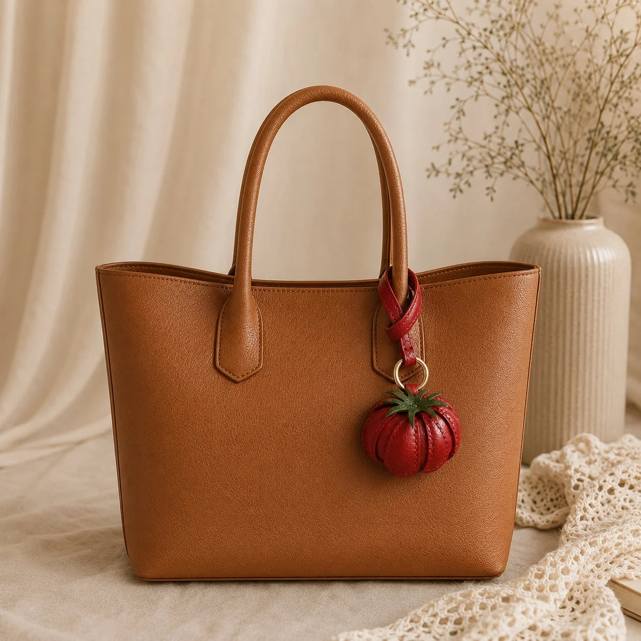 Handmade Red Tomato Leather Bag Charm & Keychain  Handbag Accessory