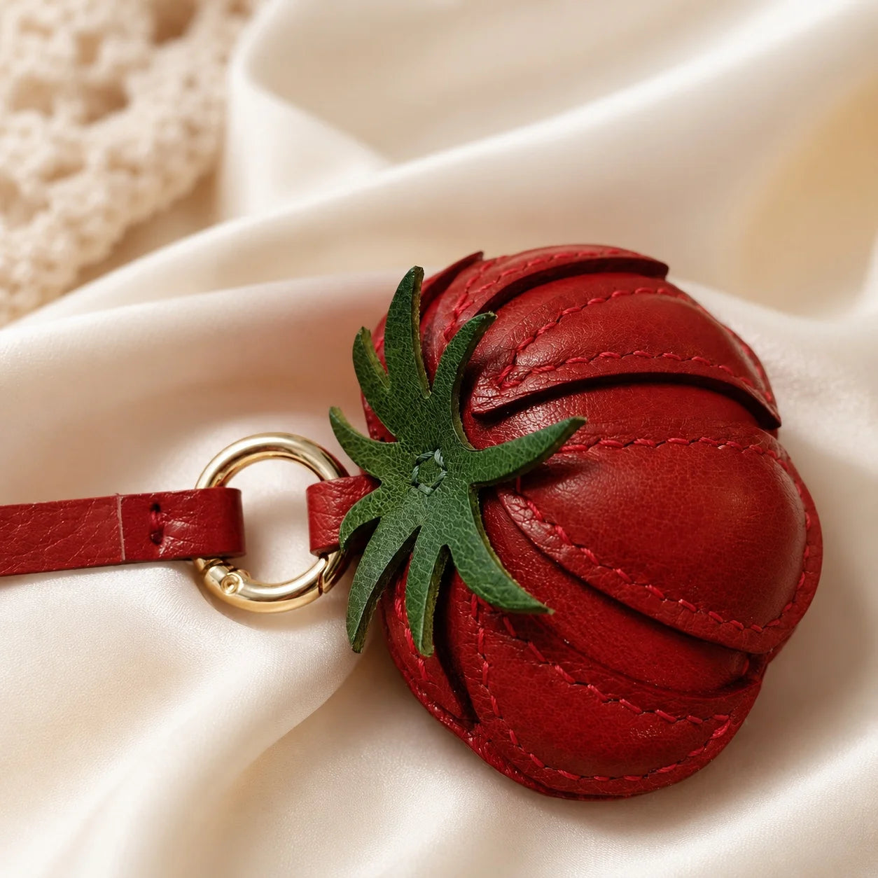 Handmade Red Tomato Leather Bag Charm & Keychain  Handbag Accessory