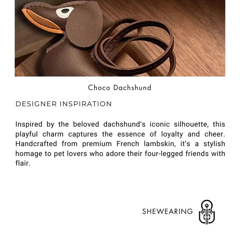 Choco Dachshund Leather Bag Charm – Handcrafted French Lambskin Pendant | Sausage Dog Keychain | Playful Gift for Pet Lovers