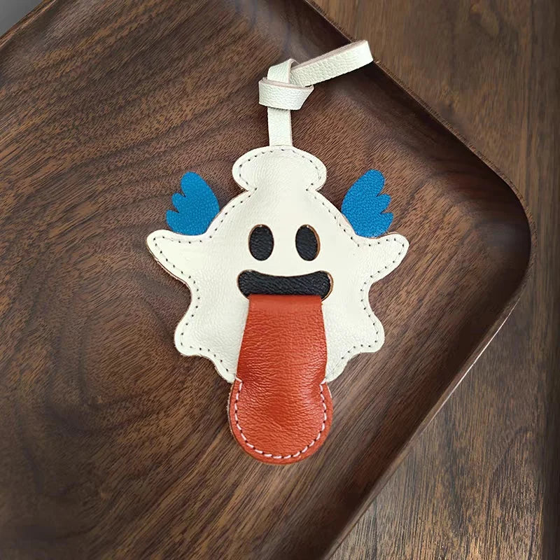 Playful Ghost Leather Bag Charm – Handmade French Lambskin Pendant with Blue Wings | Whimsical Backpack Accessory | Cute Halloween-Inspired Luxury Keychain