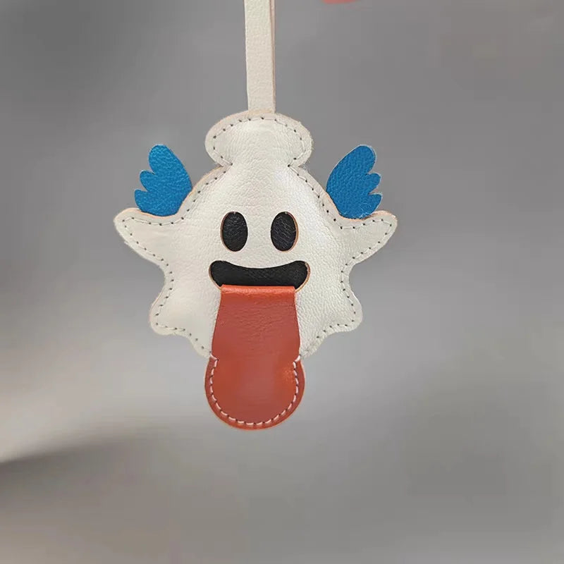 Playful Ghost Leather Bag Charm – Handmade French Lambskin Pendant with Blue Wings | Whimsical Backpack Accessory | Cute Halloween-Inspired Luxury Keychain