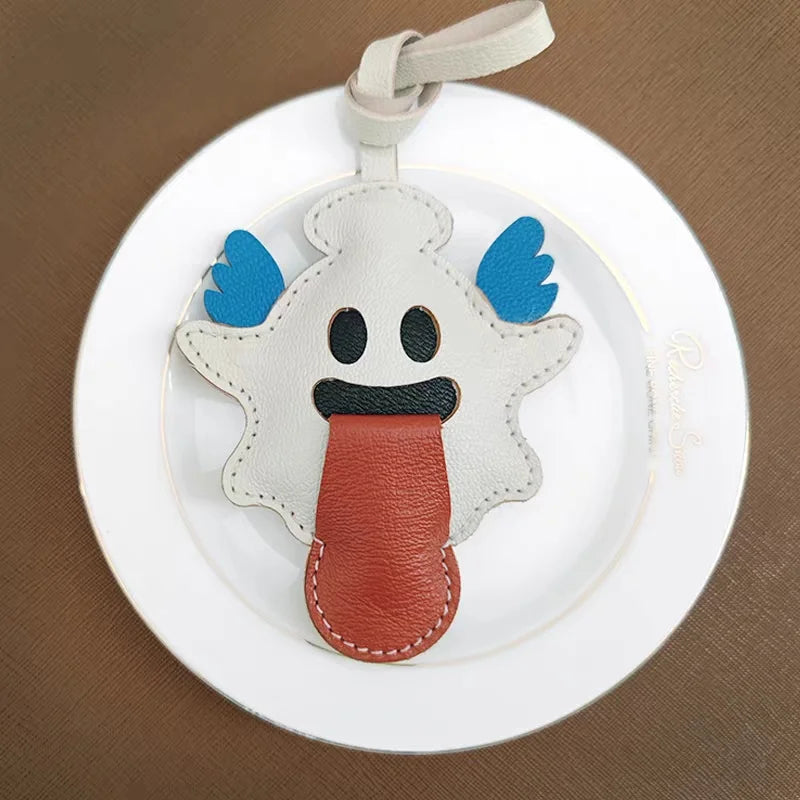 Playful Ghost Leather Bag Charm – Handmade French Lambskin Pendant with Blue Wings | Whimsical Backpack Accessory | Cute Halloween-Inspired Luxury Keychain