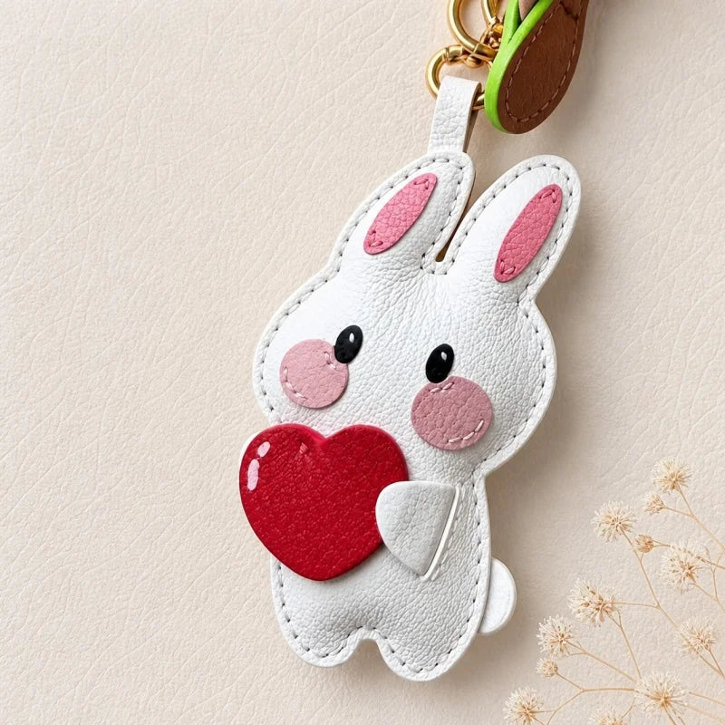 Amuleto de bolsa de piel Lucky Bunny – Llavero de conejo de piel de grano completo hecho a mano | Bonito accesorio de bolso con colgante de corazón y estrella | Regalo para ella