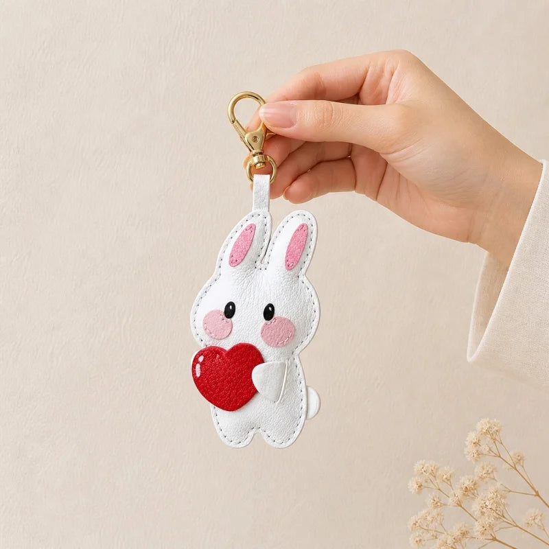 Amuleto de bolsa de piel Lucky Bunny – Llavero de conejo de piel de grano completo hecho a mano | Bonito accesorio de bolso con colgante de corazón y estrella | Regalo para ella