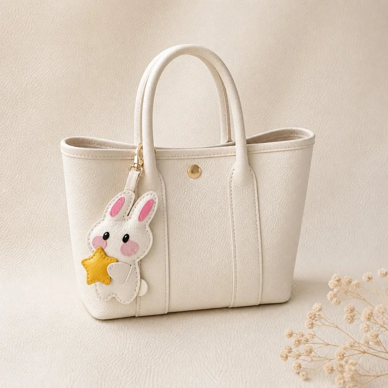 Amuleto de bolsa de piel Lucky Bunny – Llavero de conejo de piel de grano completo hecho a mano | Bonito accesorio de bolso con colgante de corazón y estrella | Regalo para ella