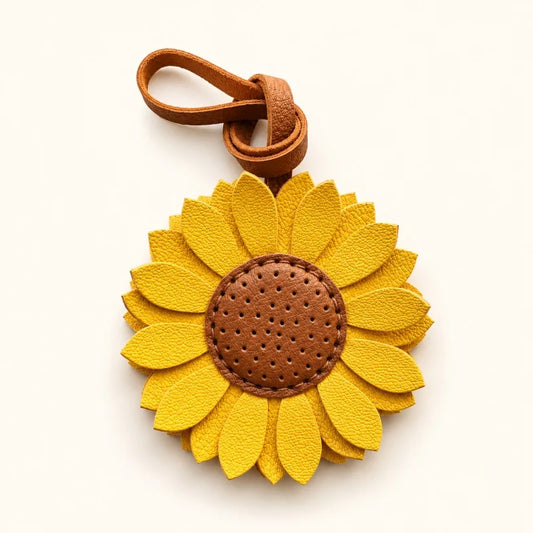 Sunflower Leather Bag Charm – Handmade Genuine Leather Floral Pendant with Strap | Cheerful Handbag Accessory Keychain | Gift for Her