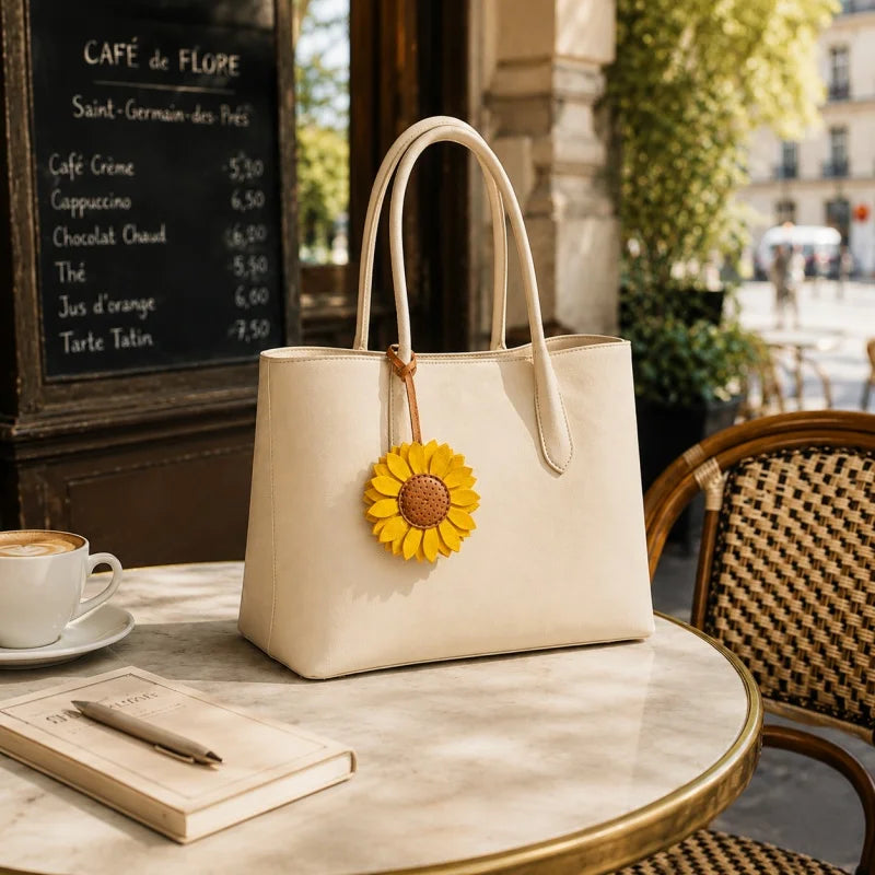 Colgante de cuero de girasol para bolso – Colgante floral hecho a mano de cuero auténtico con correa | Llavero alegre accesorio para bolso | Regalo para ella