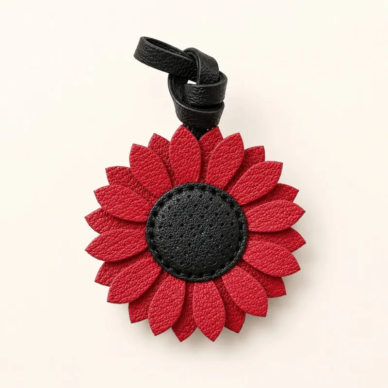Colgante de cuero de girasol para bolso – Colgante floral hecho a mano de cuero auténtico con correa | Llavero alegre accesorio para bolso | Regalo para ella