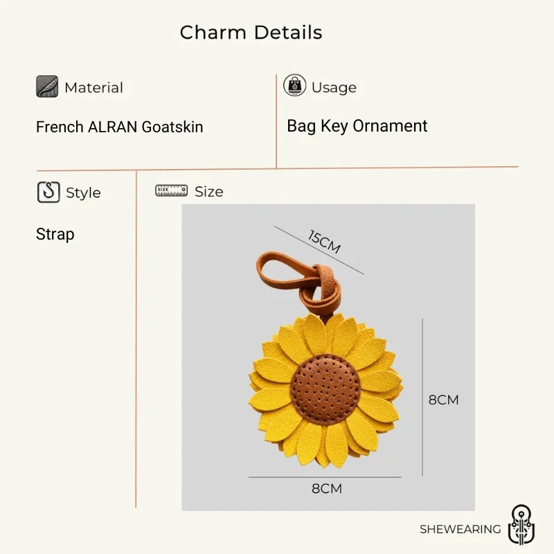 Colgante de cuero de girasol para bolso – Colgante floral hecho a mano de cuero auténtico con correa | Llavero alegre accesorio para bolso | Regalo para ella
