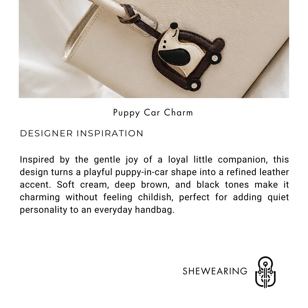 Vintage Little Dog Car Leather Bag Charm – Handmade Genuine Leather Puppy Pendant | Playful Keychain & Handbag Accessory Gift