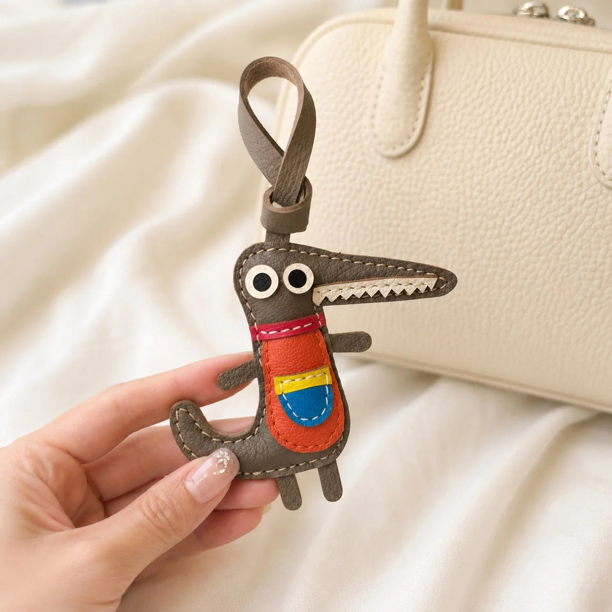 Colorful Little Dinosaur Leather Bag Charm – Handmade Genuine Leather Pendant | Playful Artisan Handbag Accessory Gift for Women