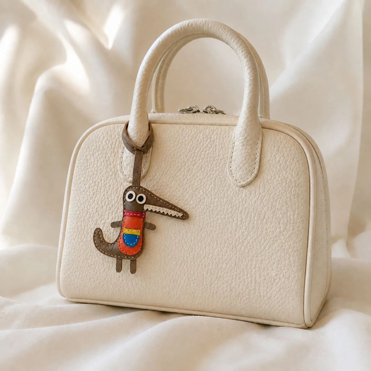 Colorful Little Dinosaur Leather Bag Charm – Handmade Genuine Leather Pendant | Playful Artisan Handbag Accessory Gift for Women
