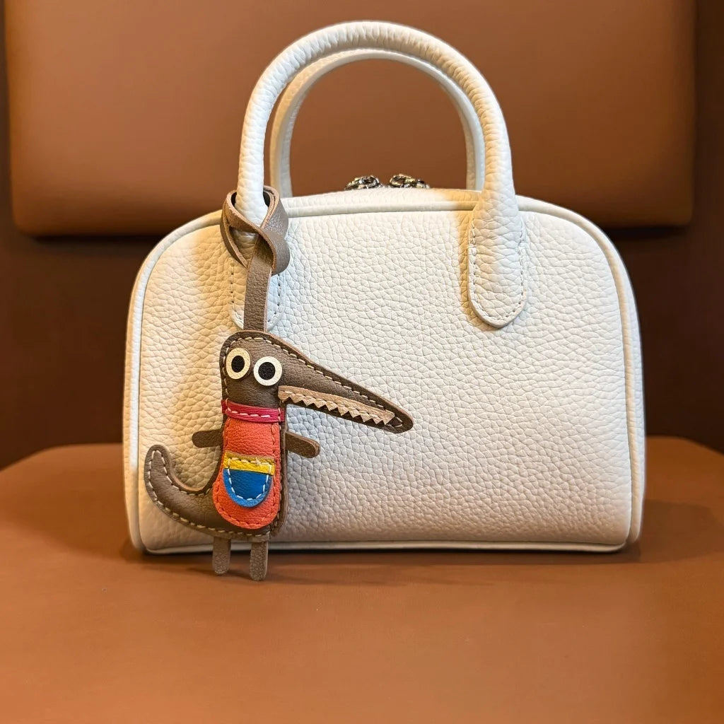 Colorful Little Dinosaur Leather Bag Charm – Handmade Genuine Leather Pendant | Playful Artisan Handbag Accessory Gift for Women